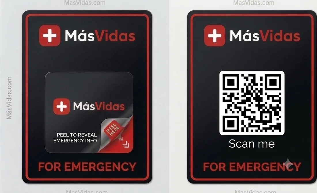 MásVidas sticker for cars: front with a "Peel here" flap and back with the QR code