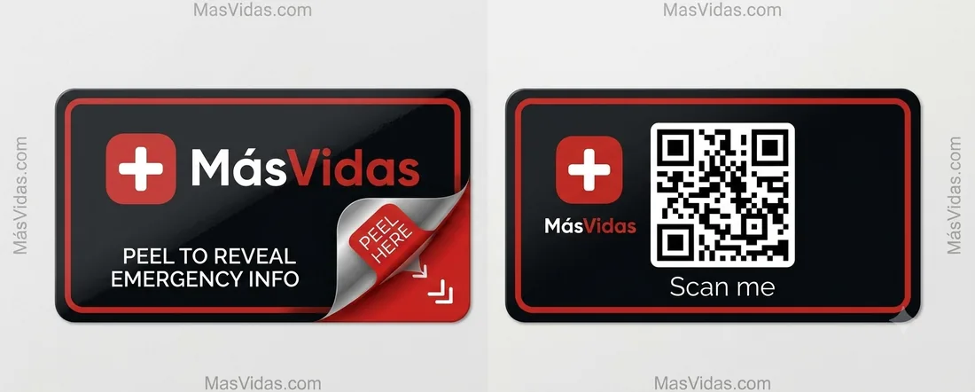 MásVidas sticker for motorcycles: front with a "Peel here" flap and back with the QR code